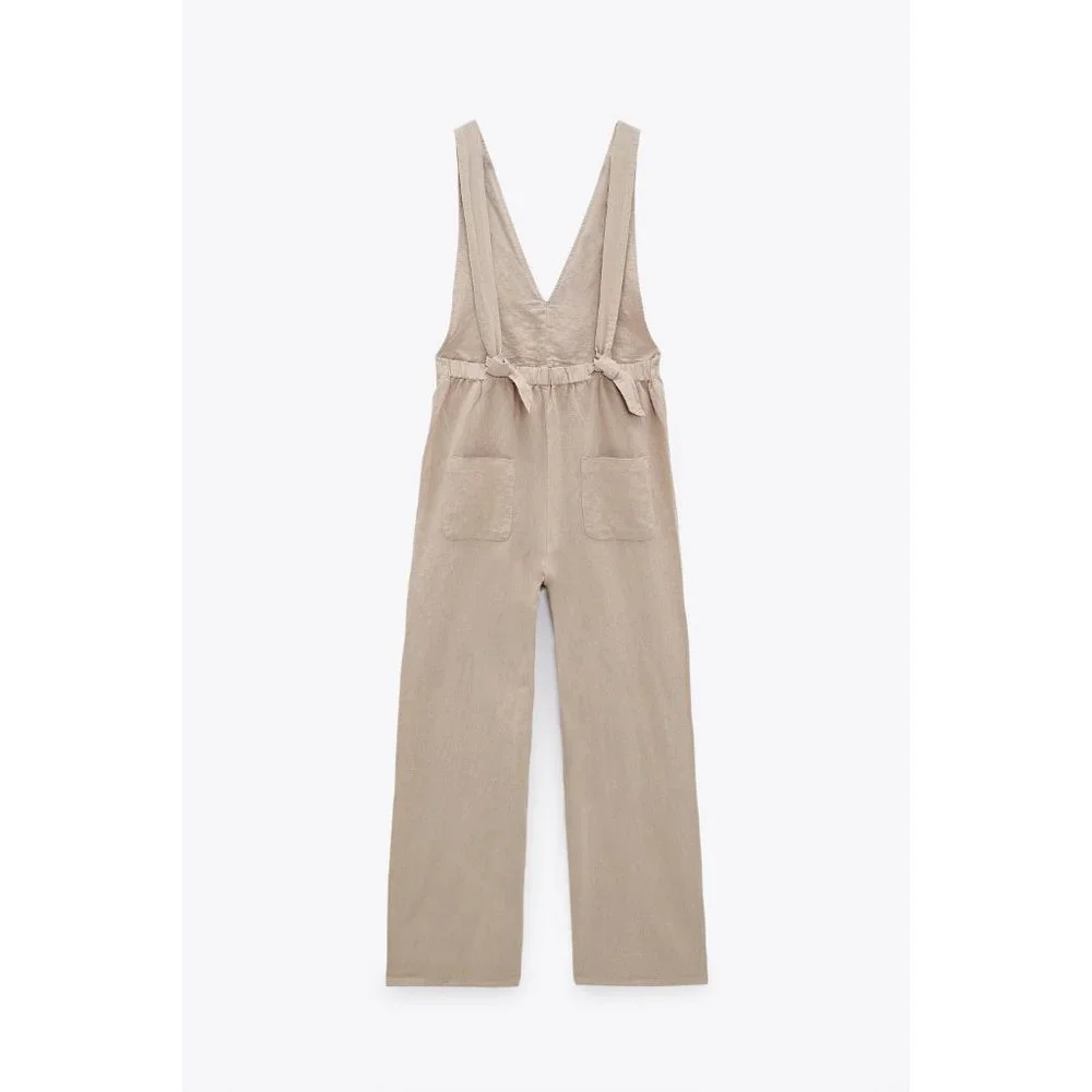 Zara Linen Wide Straight Leg Long Jumpsuit Overalls High Rise Waisted V-Neck XS - Picture 2 of 10